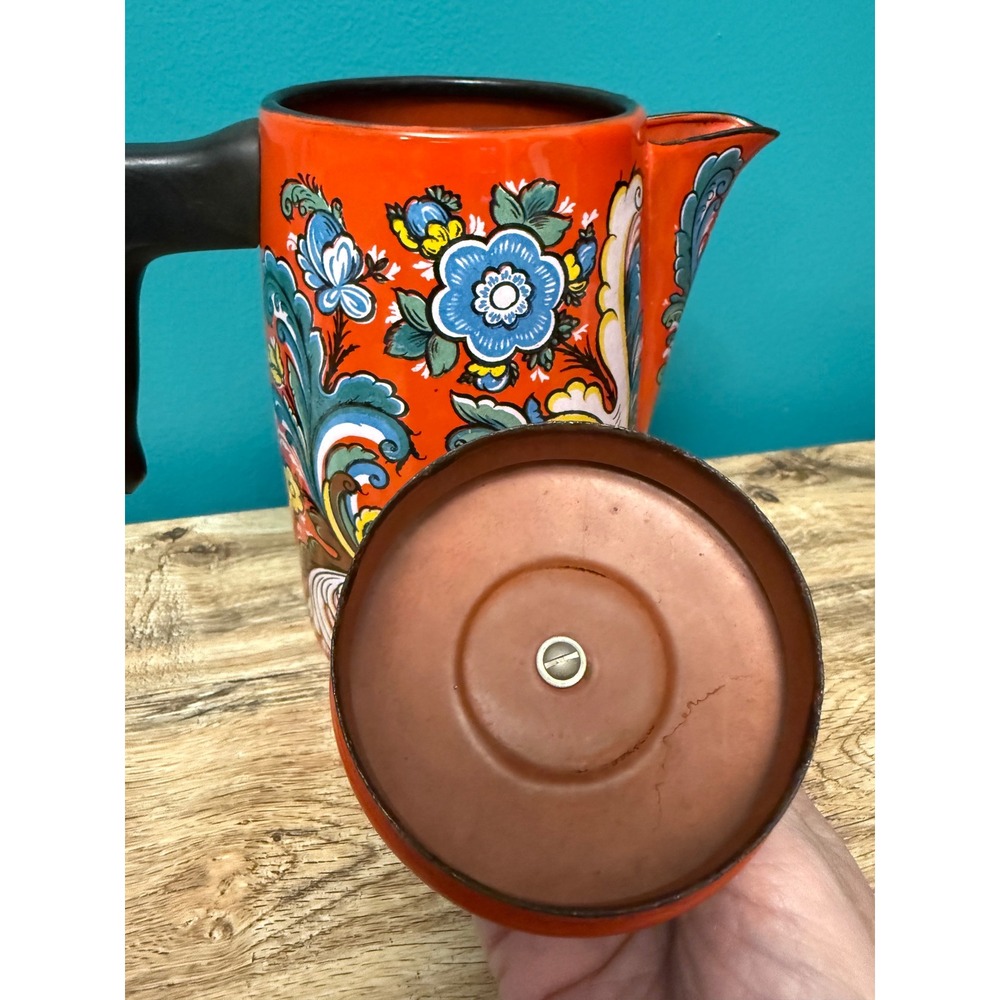 Scandinavian Vintage Coffee Pot Orange Floral Enamelware Retro Boho MCM Carafe - Picture 5 of 8
